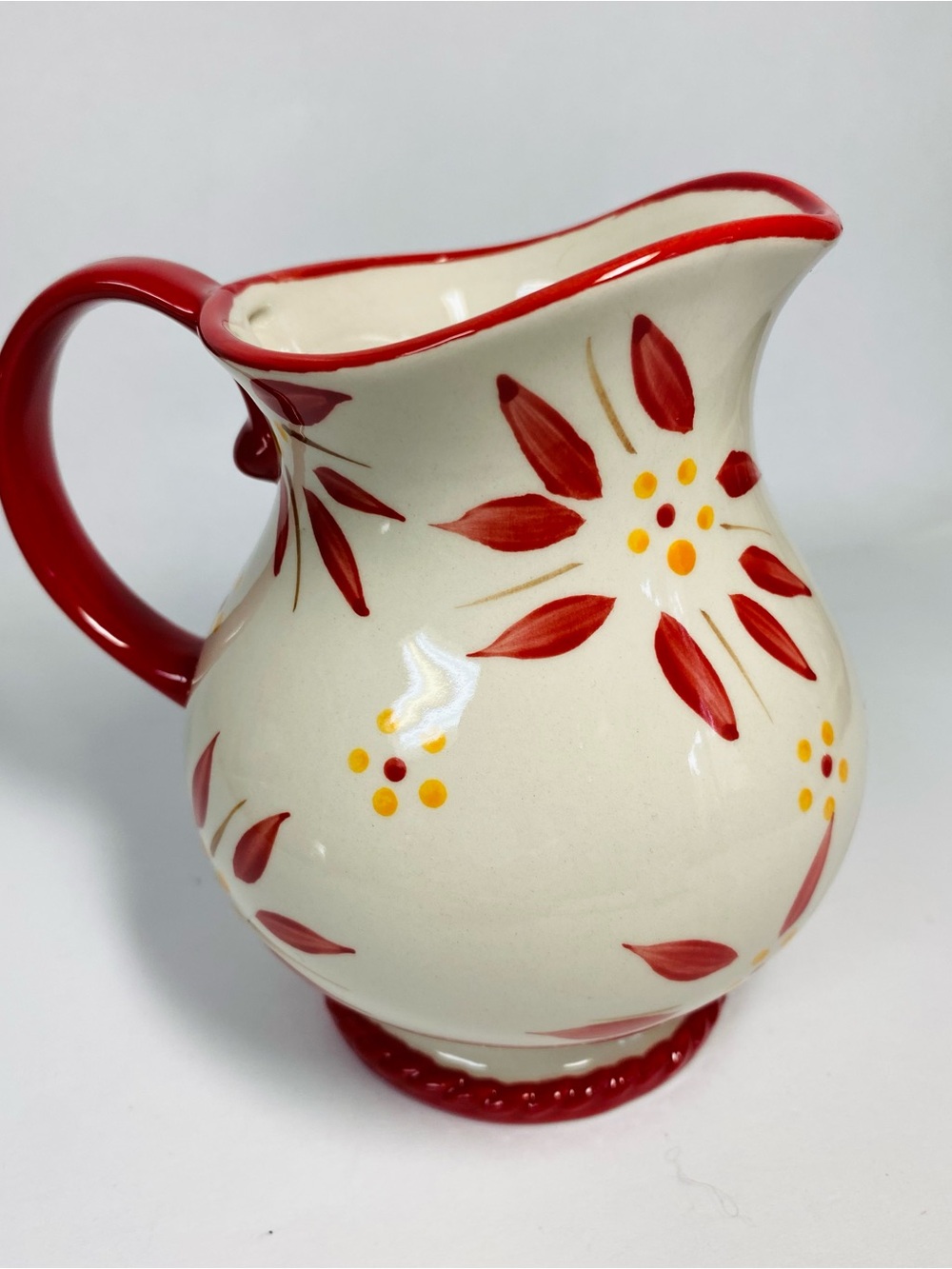 Temp-Tations Cream Ceramic Pitcher with Red Floral Old World Motif EUC 5.75” ht